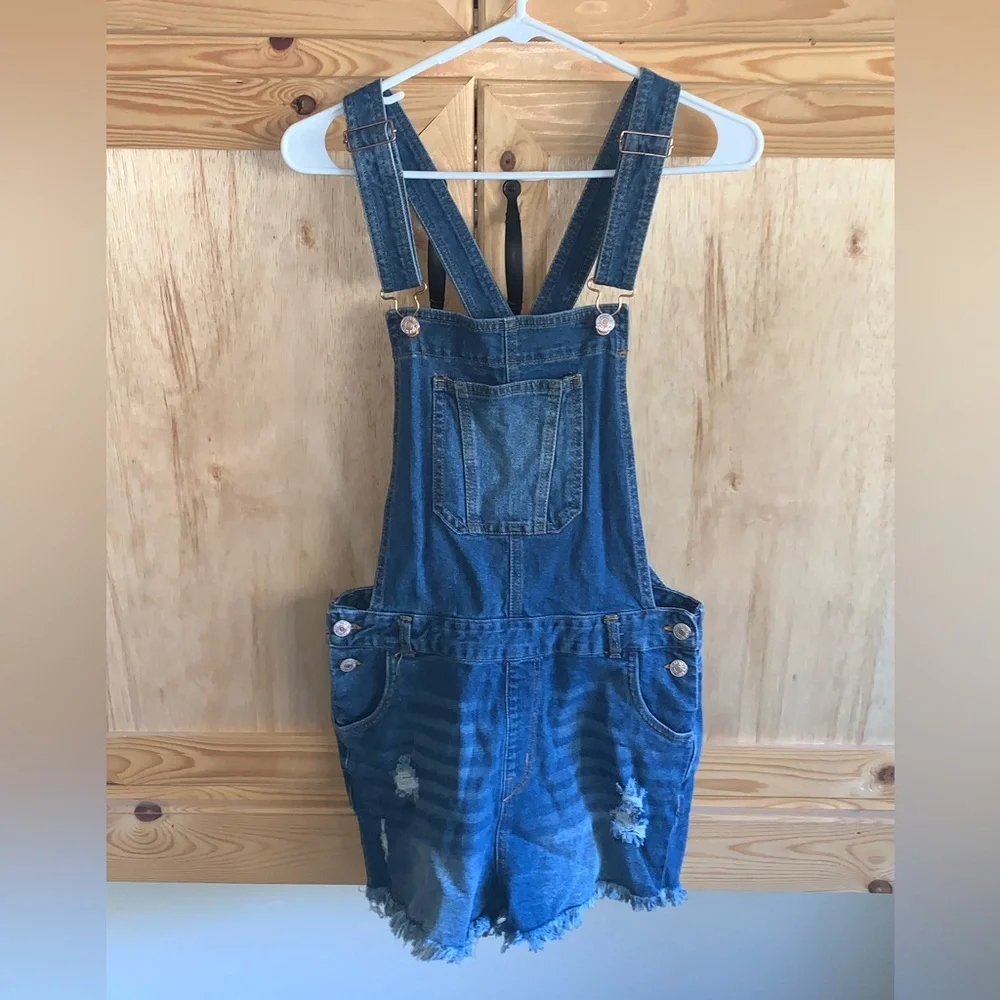 Love Tree Denim fringed distressed jean shortalls romper size L - Picture 1 of 3